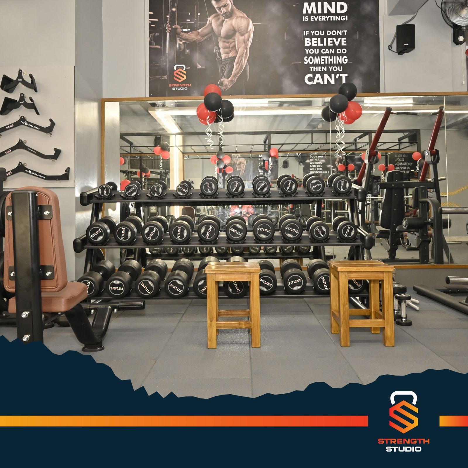 Main training floor at Strength Studio gym Belagavi with premium weight machines and free weights